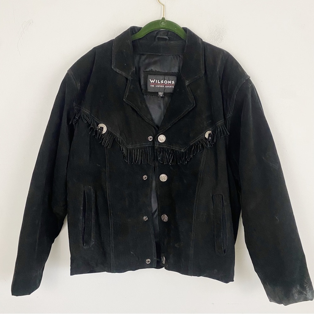 WILSON’S LEATHER black tassel fringe vintage jacket